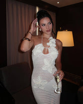 Knit Floral Crochet Halter Fishtail Hem Maxi Dress