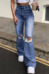 Street Solid Ripped Make Old Boot Cut Bottoms(3 Colors)