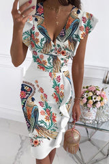 Fashion Street Print Patchwork V Neck Pencil Skirt Dresses(10 Colors)