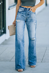 Casual Solid Tassel Ripped Straight Wide Leg Bottoms