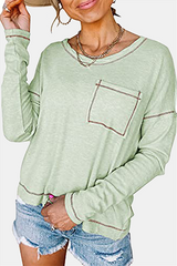 Casual Patchwork Pocket O Neck Tops