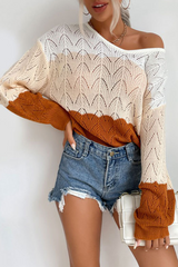 Casual Patchwork Hollowed Out Contrast V Neck Tops