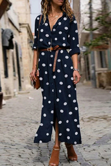 Casual Polka Dot Buckle Slit Turndown Collar Shirt Dress Dresses (Without Belt)(4 Colors)