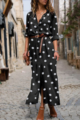 Casual Polka Dot Buckle Slit Turndown Collar Shirt Dress Dresses (Without Belt)(4 Colors)