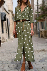 Casual Polka Dot Buckle Slit Turndown Collar Shirt Dress Dresses (Without Belt)(4 Colors)
