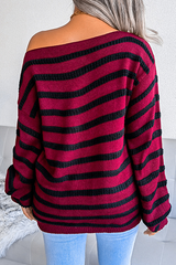 Casual Striped Patchwork Contrast Off the Shoulder Sweaters(3 Colors)
