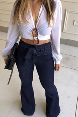 Casual Solid Patchwork Mid Waist Boot Cut Denim Jeans