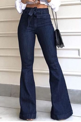 Casual Solid Patchwork Mid Waist Boot Cut Denim Jeans