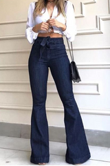 Casual Solid Patchwork Mid Waist Boot Cut Denim Jeans