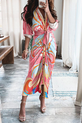 Casual Print Patchwork V Neck Waist Skirt Dresses(12 Colors)