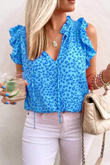 Casual Leopard Flounce V Neck T-Shirts(3 colors)