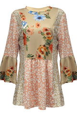 Fashion Print Patchwork Contrast O Neck Tops(3 Colors)