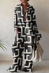 Casual Print Turndown Collar Long Sleeve Two Pieces(5 Colors)
