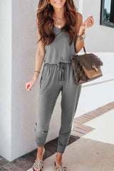 Casual Solid Patchwork Frenulum U Neck Jumpsuits