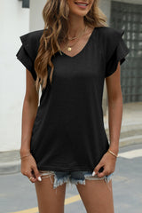 Casual Simplicity Solid Flounce Solid Color V Neck T-Shirts(9 Colors)