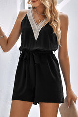 Casual Simplicity Solid Patchwork V Neck Loose Rompers