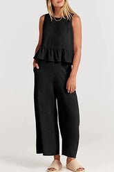 Casual Simplicity Solid Pocket Buttons O Neck Sleeveless Two Pieces