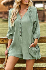 Casual Simplicity Solid Pocket Buckle O Neck Loose Rompers