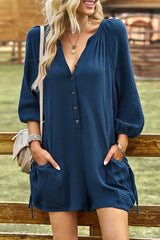 Casual Simplicity Solid Pocket Buckle O Neck Loose Rompers