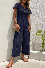 Casual Solid Buttons V Neck Loose Jumpsuits(5 Colors)