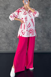 Casual Print Patchwork Turndown Collar Long Sleeve Two Pieces