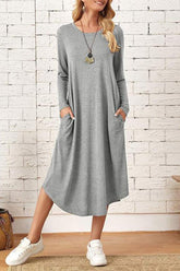 Casual Simplicity Solid Pocket O Neck Long Sleeve Dresses