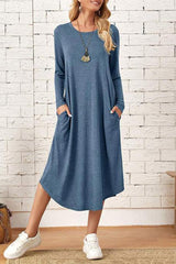 Casual Simplicity Solid Pocket O Neck Long Sleeve Dresses