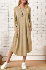 Casual Simplicity Solid Pocket O Neck Long Sleeve Dresses