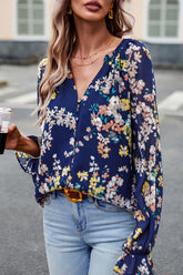 Sweet Elegant Floral Buttons V Neck Blouses(4 Colors)
