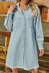 Casual Solid Make Old Turndown Collar Long Sleeve Loose Denim Dresses( No Belt)
