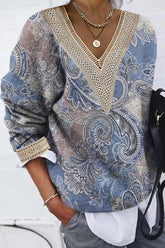 Casual Print Patchwork V Neck Tops