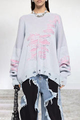 Casual Color Block Ripped Contrast O Neck Sweaters(3 Colors)