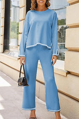 Casual Living Solid Weave O Neck Long Sleeve Two Pieces