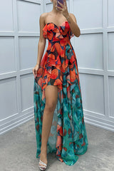 Gradient Unique Print Flowing Layered Ruffles Strapless Slit Maxi Dress