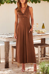 Casual Simplicity Solid Pocket Backless V Neck Loose Jumpsuits