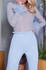 Casual Patchwork Sequins With Belt O Neck Skinny Jumpsuits (Subject To The Actual Object)