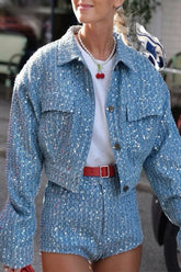 Casual Street Solid Sequins Sequined Turndown Collar Long Sleeve Two Pieces