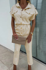 Casual Solid Buttons Turndown Collar Straight Jumpsuits