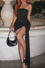 Sexy Celebrities Solid Fold Strap Design Strapless Wrapped Skirt Dresses