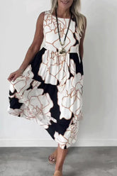 Casual Vintage Print Flowers Patchwork O Neck Sleeveless Dresses