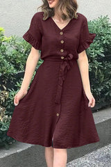 Casual Simplicity Solid Frenulum Buckle Flounce V Neck A Line Dresses