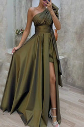 Casual Solid Patchwork Slit Oblique Collar Long Dresses