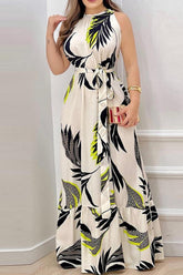 Casual Print Frenulum O Neck Long Dresses