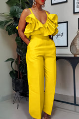 Elegant Solid Patchwork Pocket Backless Flounce Spaghetti Strap Sleeveless Two Pieces(3 Colors)