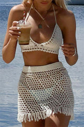 Sexy Fringed Trim Hollow Out Lace Up Backless Swimwears
