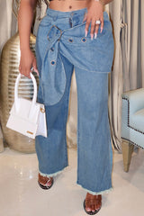 Casual Solid Color Patchwork Mid Waist Straight Denim Jeans
