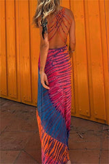 Casual Print Backless U Neck Long Dresses(3 Colors)