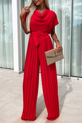 Casual Solid Color With Belt Pleated Pile Heap Collar Loose Jumpsuits(3 Colors)