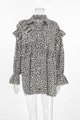 Casual Leopard Print Ruffle Turndown Collar Shirt Dresses