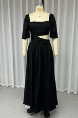 Casual Solid Color Hollow Out Ruched Square Neck A Line Short Sleeve Dress